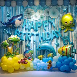 Sea animal theme birthday party decoration children blue background shark and dolphin balloon birthday party supplies