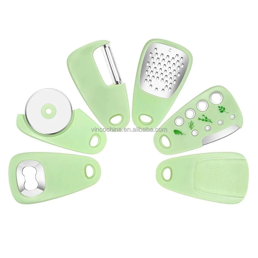 Kitchen Gadgets Set of 6 - Cheese Grater, Pizza Cutter, Bottle Opener, Vegetable Peeler, Garlic Mincer, Herb Stripper