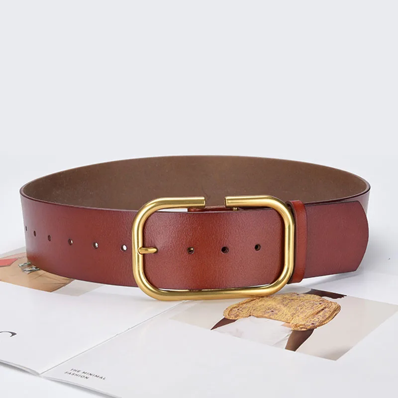 Vintage Wide Leather Belts For Women Big Gold Alloy Pin Buckle Genuine Cowhide Belt