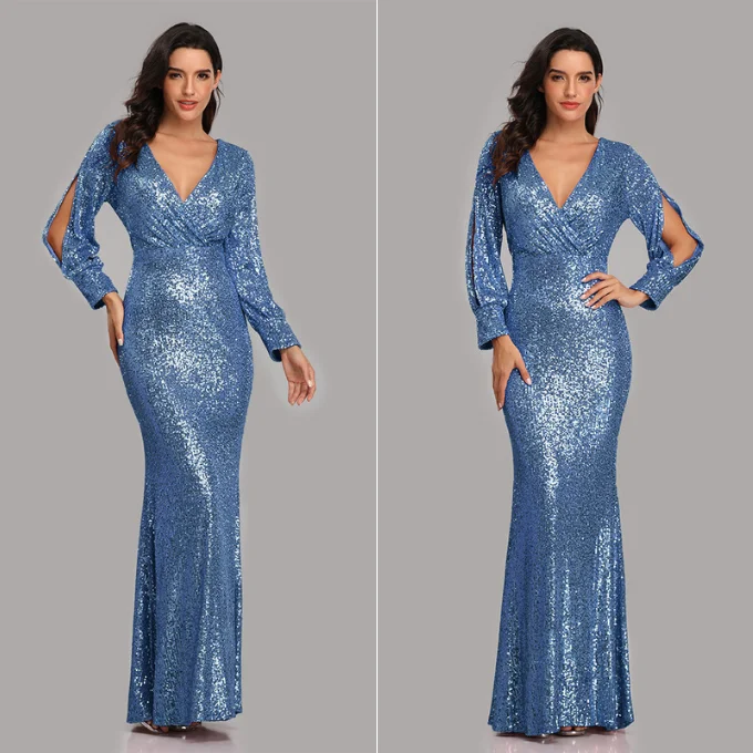 Fashion Party Maxi Dress Super High Waist Crossed Chest V-Neck Split Long Sleeve Sequin Stretch Slim Mermaid Evening Gown Dress