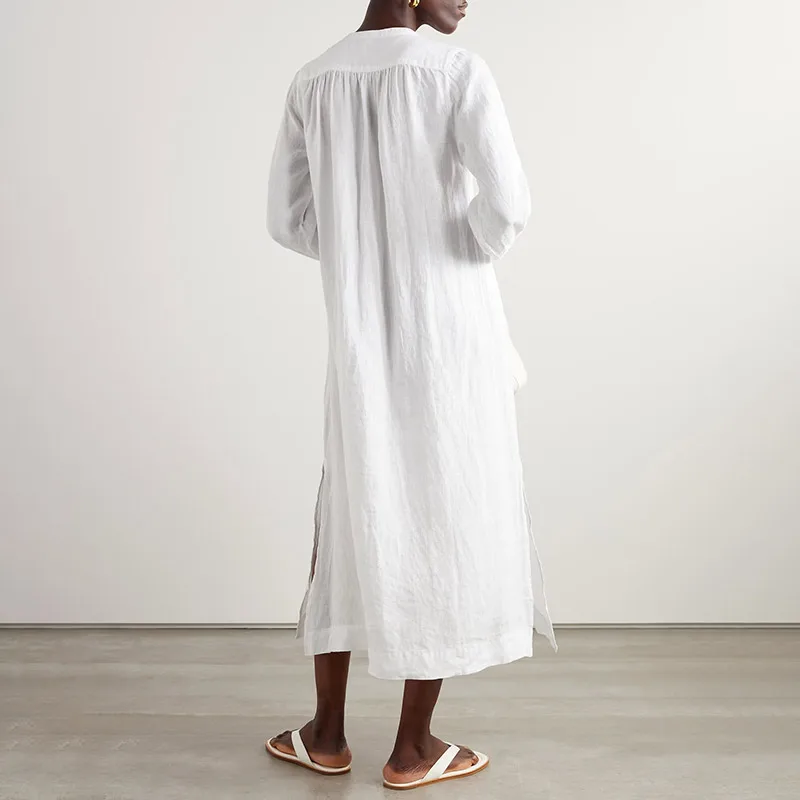 Customized natural linen fabric women midi dress v neck solid color spring summer cotton linen dresses for women