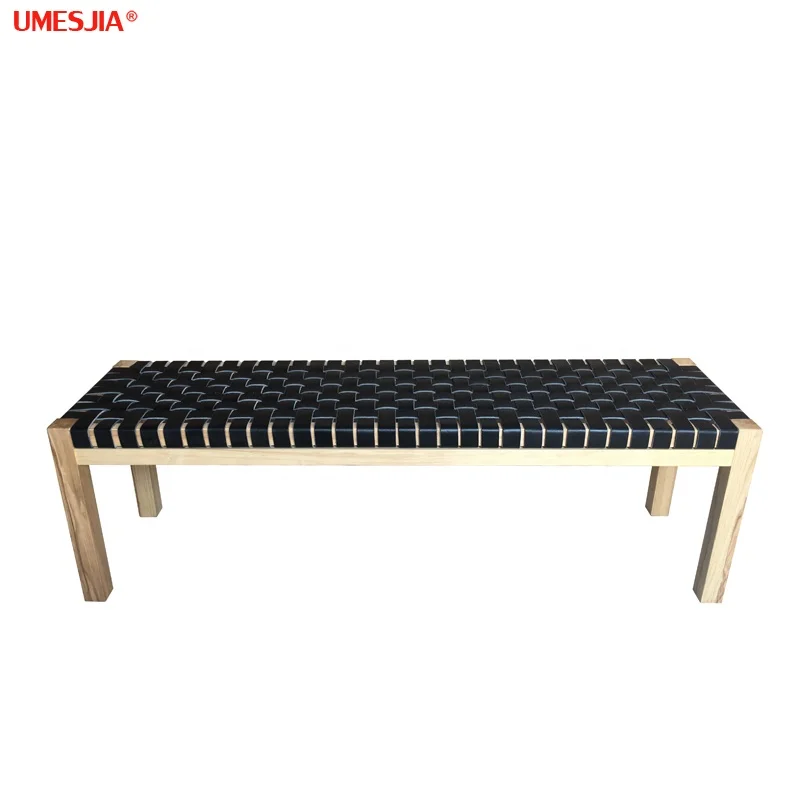 Vintage country style Ash solid wood benchs woven genuine leather Brown black Rectangular wood stool Livingroom Furniture
