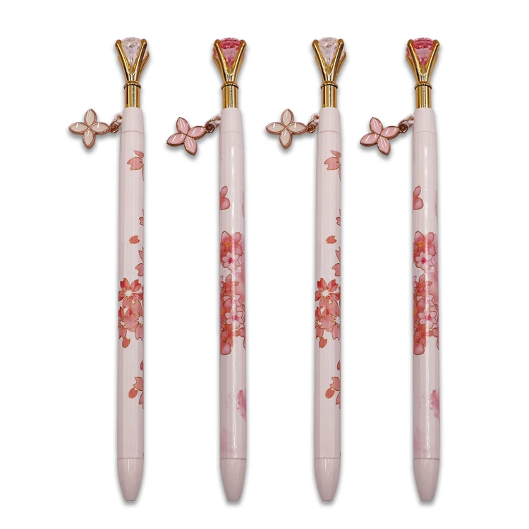 High Quality Cute Flower Printed Crystal Gel Pen Pink and White Diamond Gel lnk Pens for Scholl Office Stationary