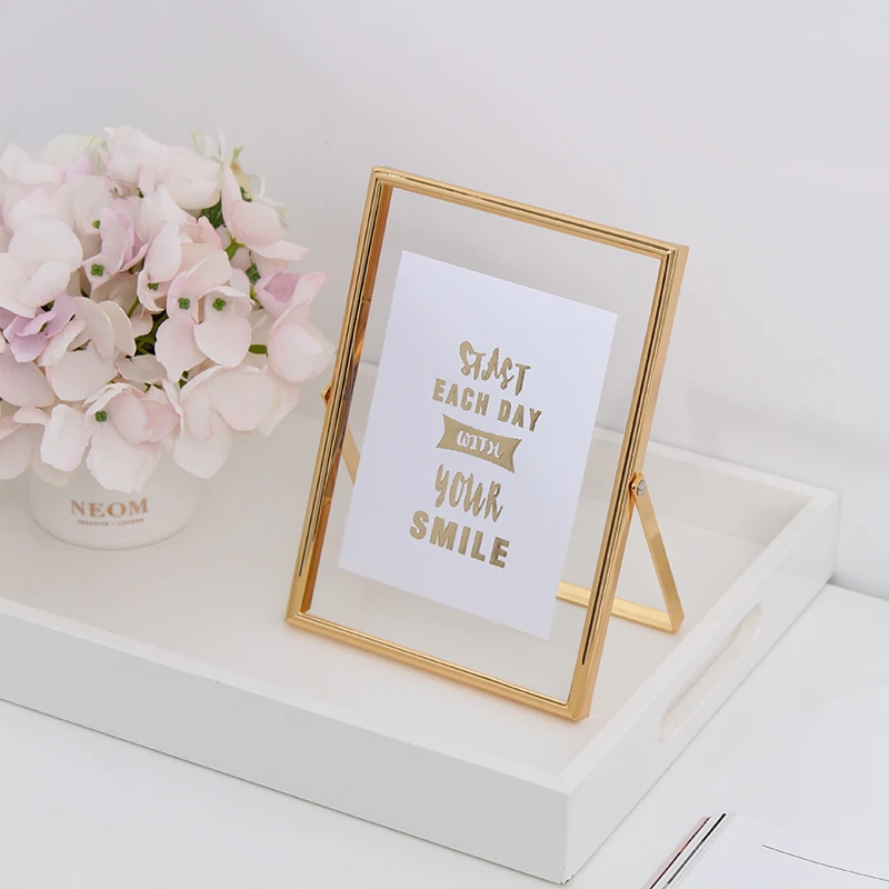 
5x7 Antique Gold Vintage Style Brass and Glass, Metal Floating Desk (Vertical) Picture Frame for home decoration 