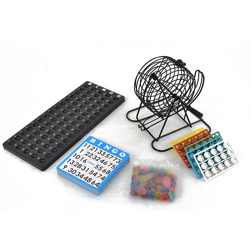 Deluxe Bingo Game Set with 6 Inch metal Cage plastic scoreboard 75 Colored Balls a Bag 18 Cards and 300 Color Mix Chips