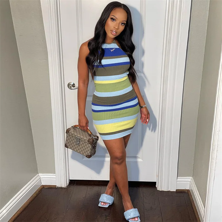 2022 Summer Women Elegant Dresses Striped Skinny Casual Bodycon Dress Ribbed Knit Vestidos