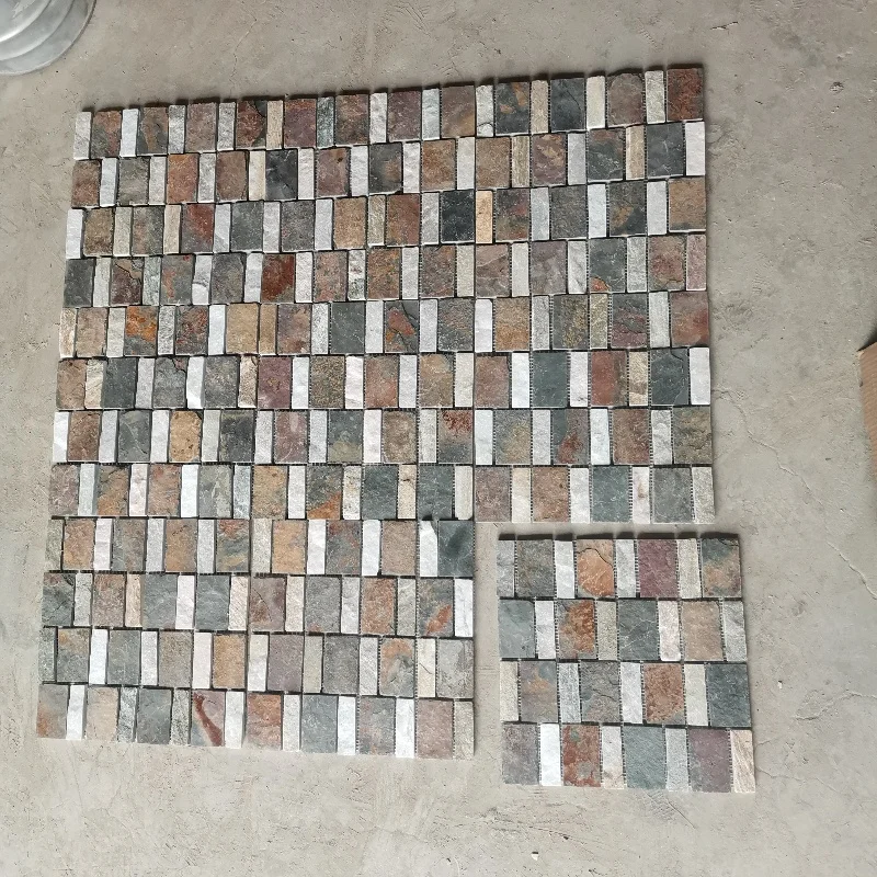 Cheap Chinese mix color Natural slate stone mosaic tile with mesh back for bathroom floor and shower room wall tiles