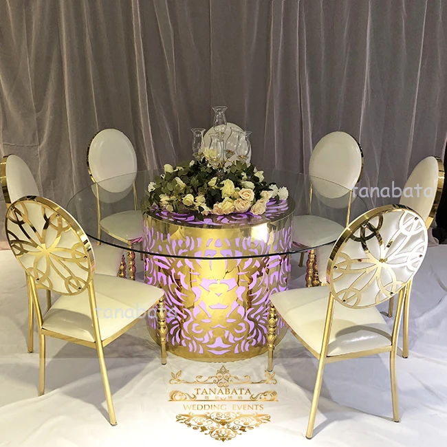 
romantic designs stainless steel base 16 color led light glass dining table 6 chairs set 