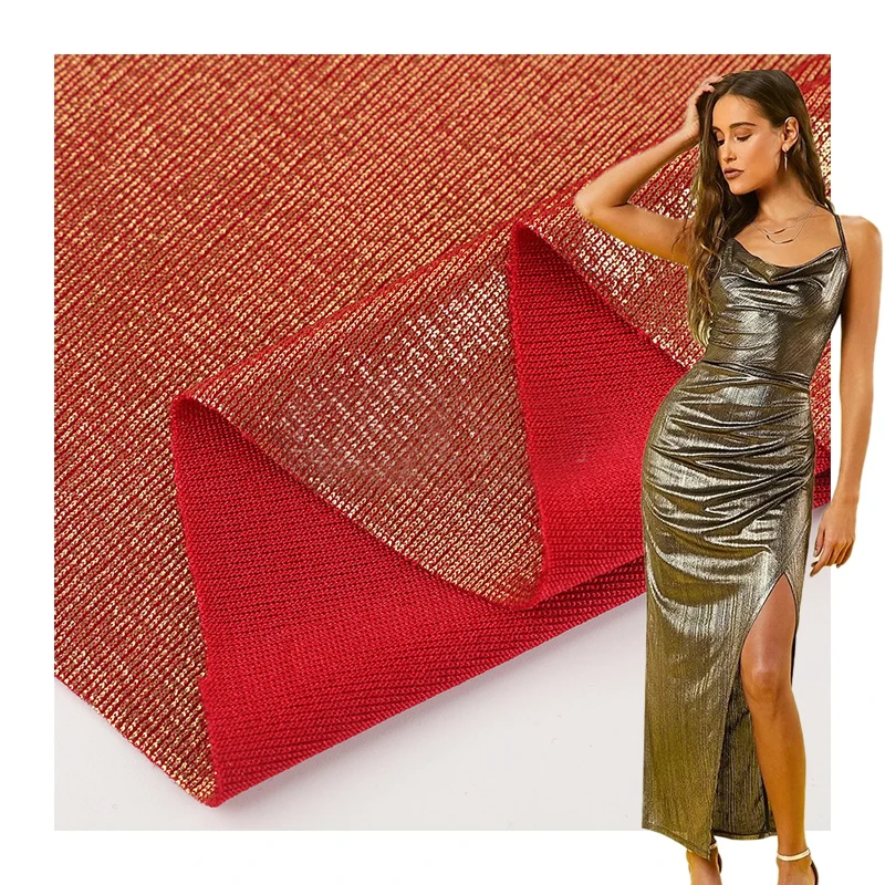 Wholesale Lurex Polyester Spandex Stretch Soft Bronzing Foil Knit Fabric for Stage  Clothing Reflective Fabric