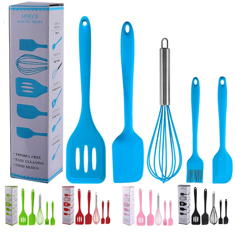 5 Pieces In 1 Set Silicone Kitchen Accessories Cooking Tools Silicone Kitchen Utensils With Wooden Handles