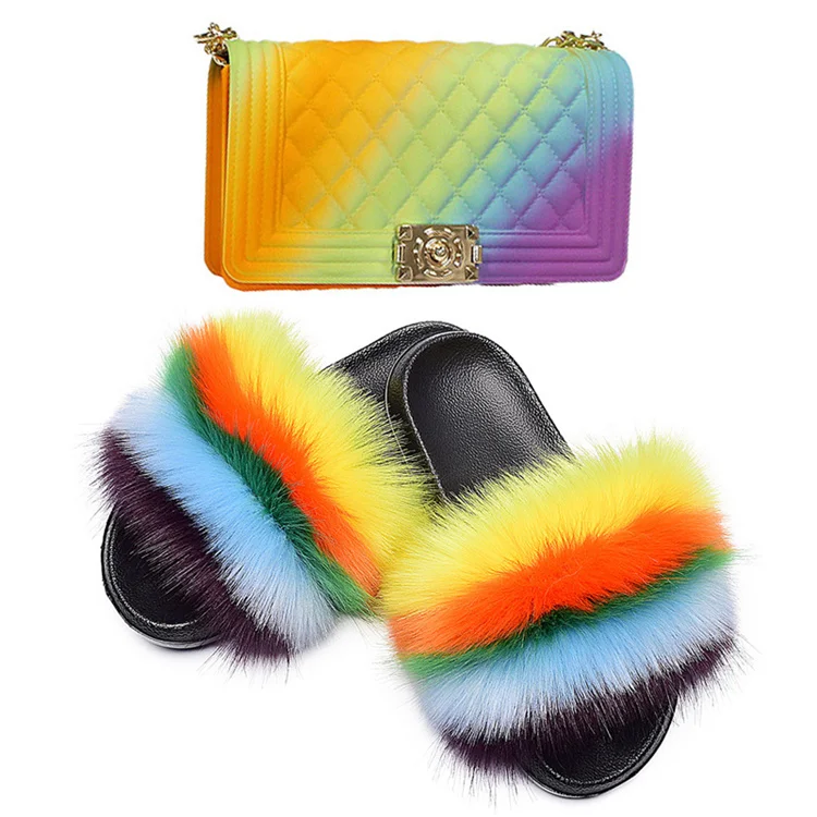 Wholesale Summer Design Multicolor Faux Fox Fur Slippers Sets And Jelly Bags