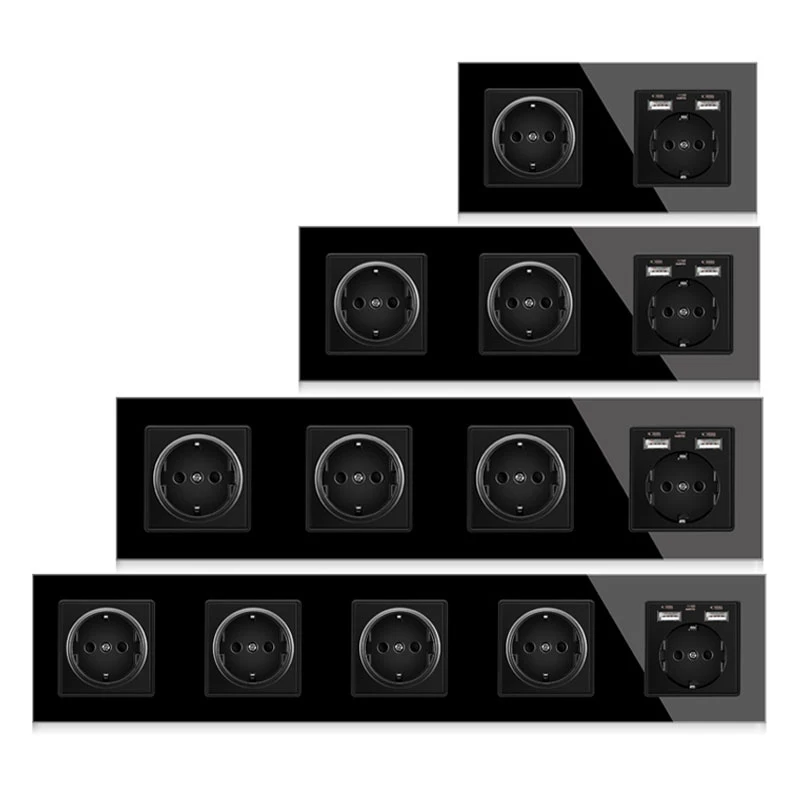 German black crystal tempered glass double triple 16A wall socket, three four five connected electrical socket, USB eu socket
