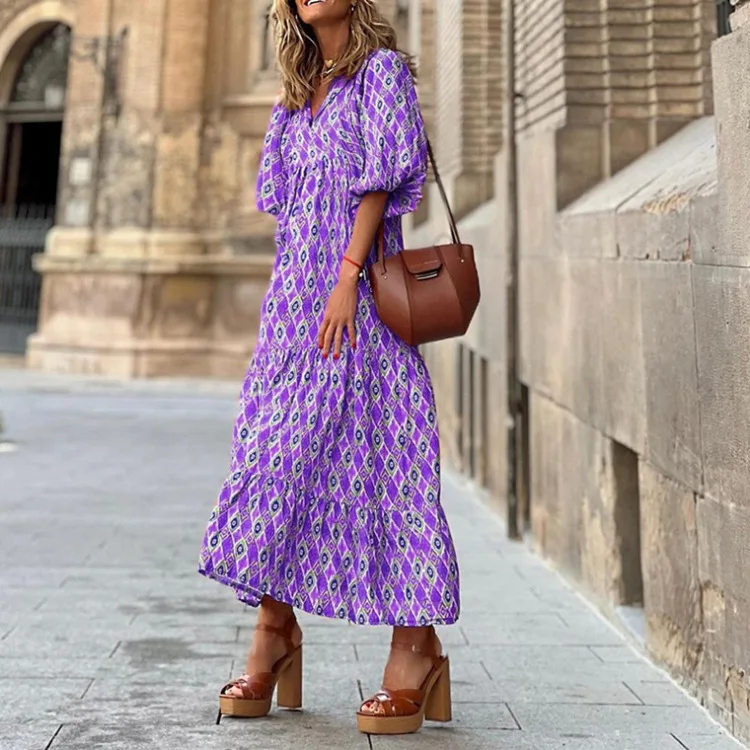 Loose Fit Casual Summer Crinkly Boho Beach Bohemian Maxi Midi Dress Beach Half Sleeve Floral Print Retro V Neck Dresses