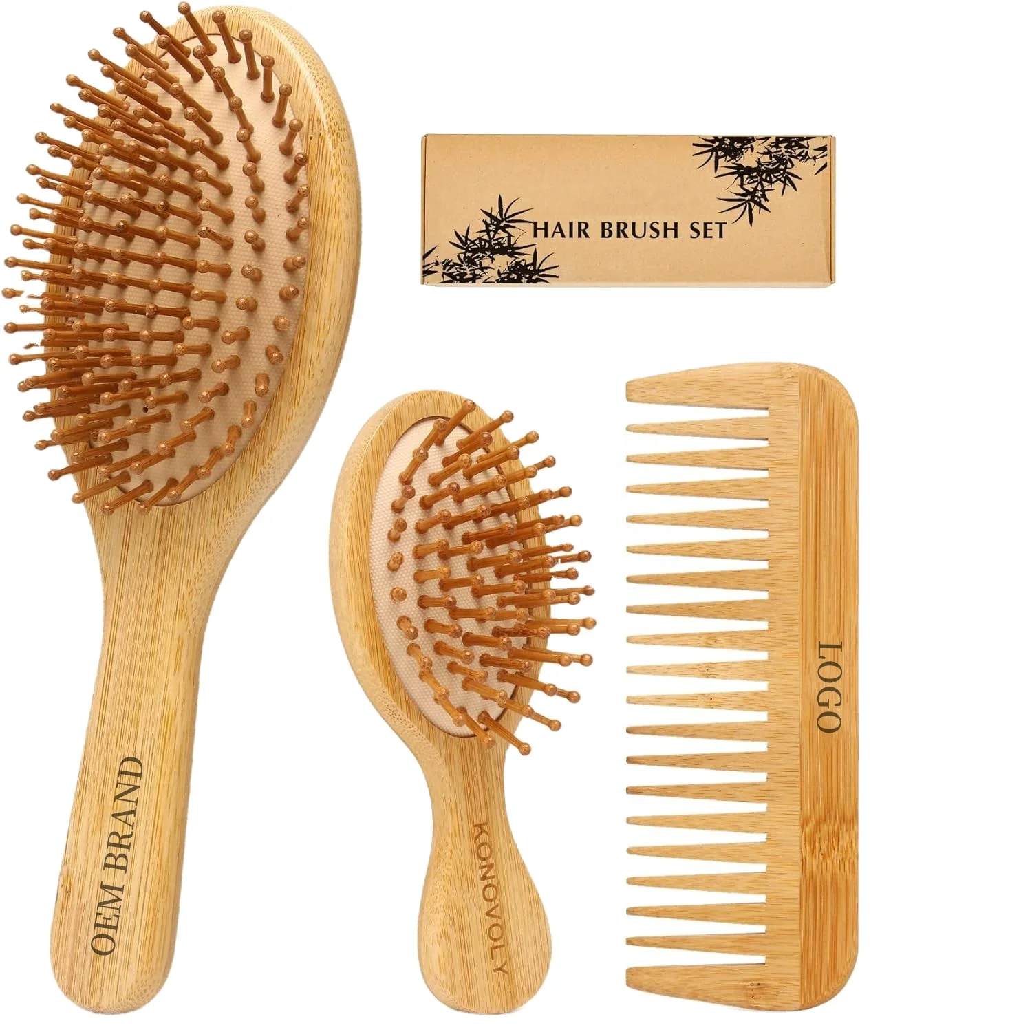 Custom Logo 4 Piece Bamboo Hair Brush and Comb Set Paddle Detangling Hairbrush Natural Wide-tooth and tail comb
