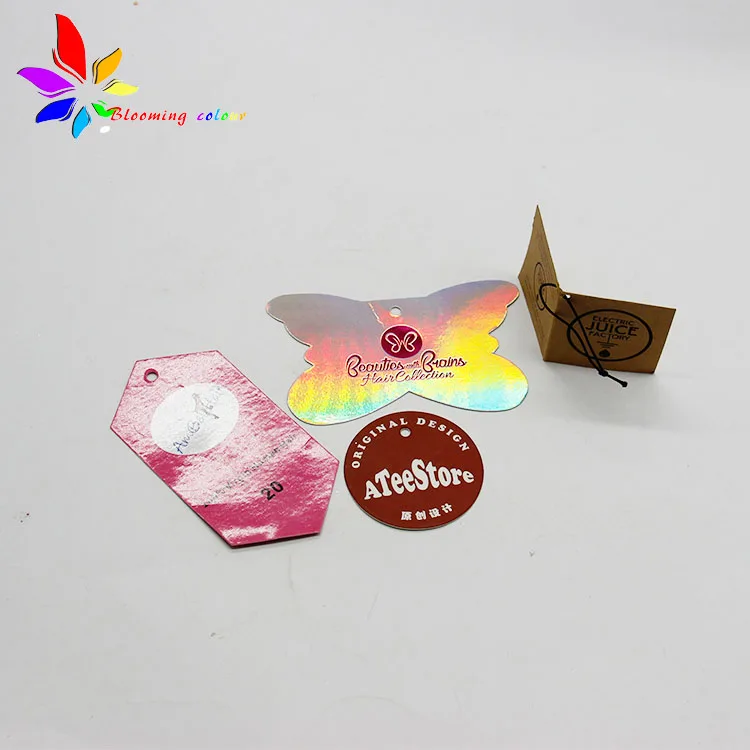 Customized butterfly shape printing brand name logo wigs cloth paper hang tag