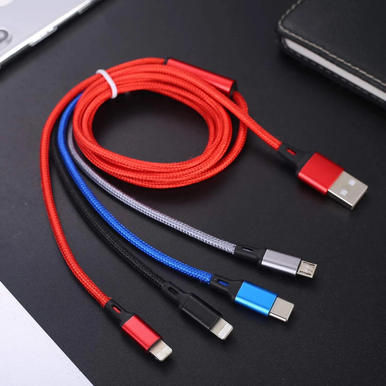 2022 Mobile Fast Charger Braided Wire Cell Phone 4 in 1 Data Cable Charging USB Cable Nylon USB Charger Cable