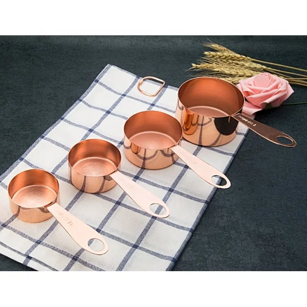 Top-Quality Copper-Plated Stainless Steel+ Mirror Rose Gold Finished 4PCS Measuring Cups and 5PCS Spoons Stackable Set