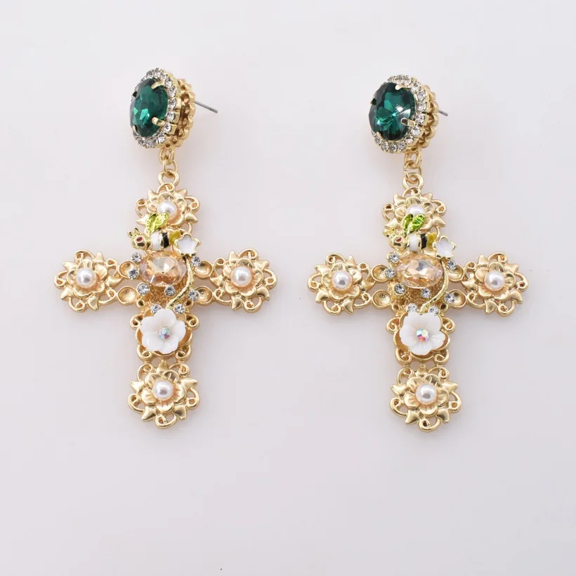 Stylish Temperament Elegant Personalized Retro Cross White Porcelain Flower Metal Earrings Jewelry Wholesale
