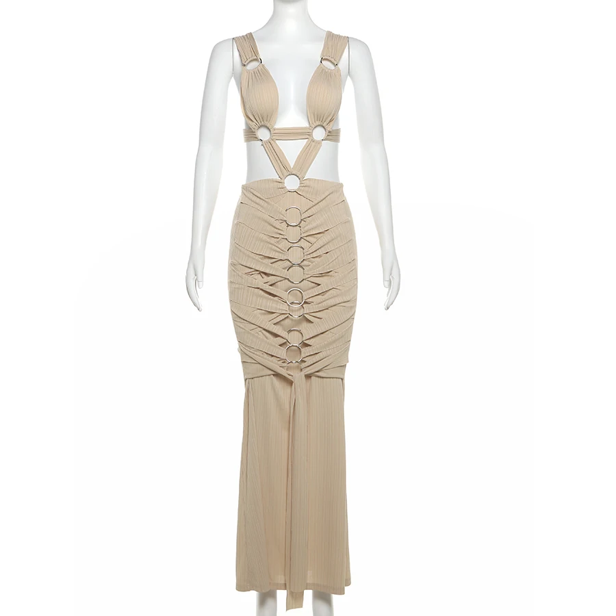 Kliou K24D48213 Skinny Robe Ruched Slim Dress Concise Sexy Cleavage Maxi Dresses Ladies Solid Elegant Women Casual Dresses