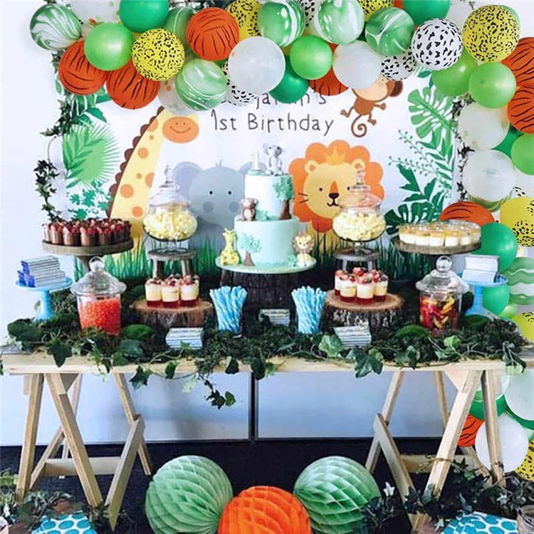 Jungle Safari Theme Party Decorations, Forest Wild Animal Balloons Happy Birthday Banner Balloon Garland Palm Leaves Decoration