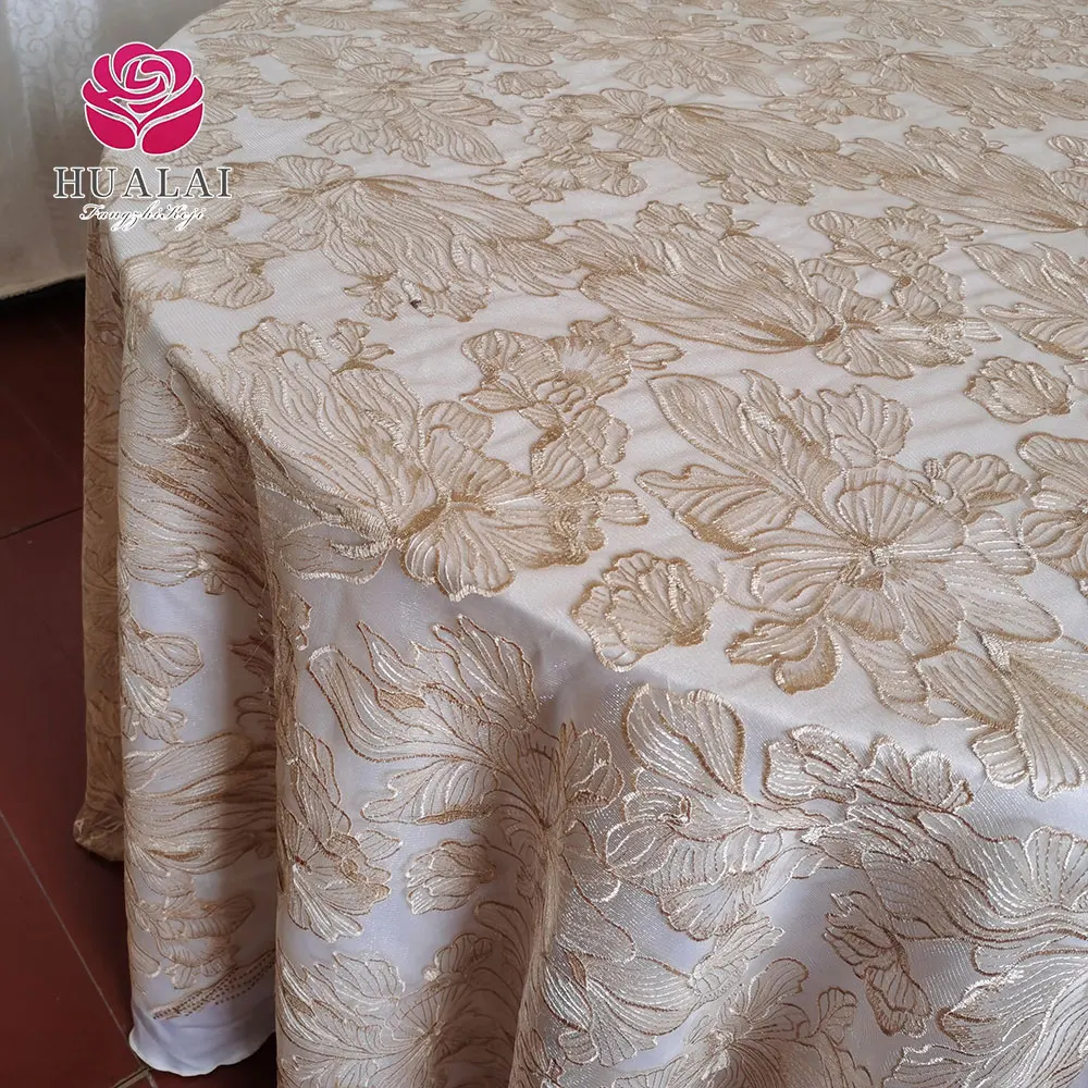 Wholesale Price Flower Designs Champagne gold custom round table overlay cloths for wedding
