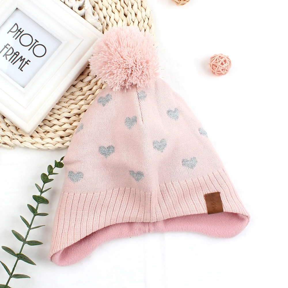 Boys Girls Pink Heart Hat with Ball 100% Acrylic Polyester  Earflap Hat Winter for Children Unisex Kids Knit Hat