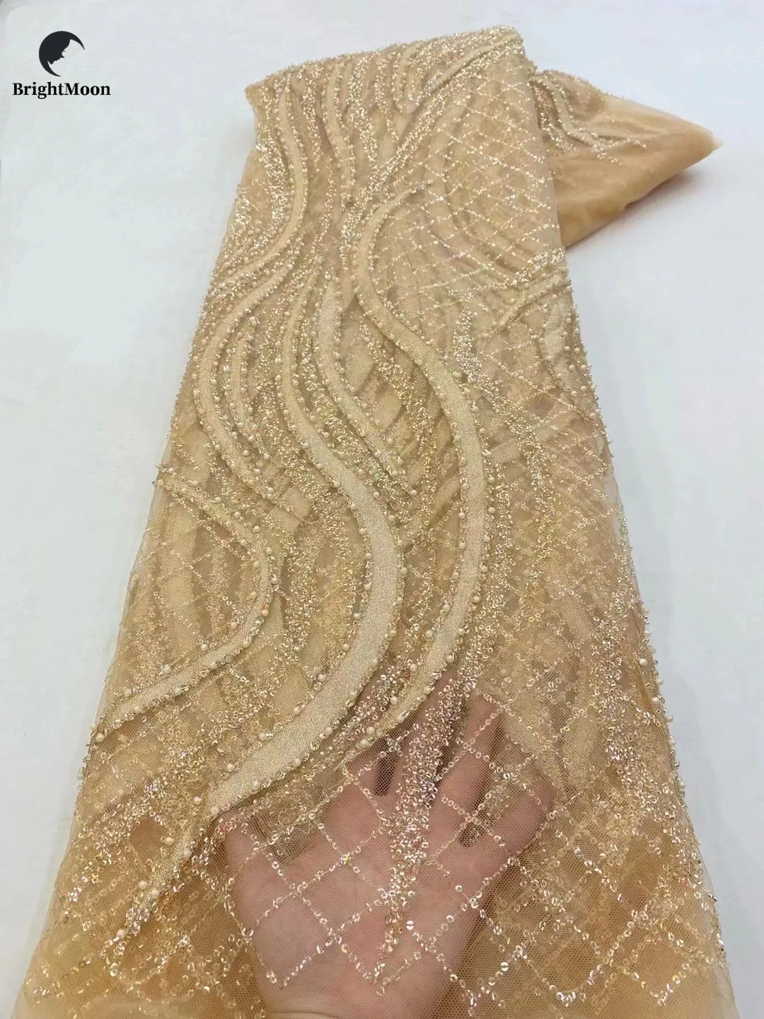 African Sequins Lace Embroidery Luxury Brocade Beaded Lace Fabrics for Women Bridal  Wedding Dress