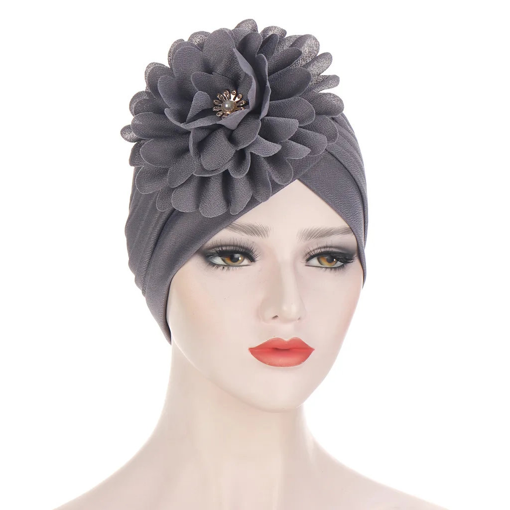Wholesale Forehead big Flower Hat Women Turban Head Wrap Arab Muslim Beanie hijab Cap Indian Female Hair Bonnets Turban