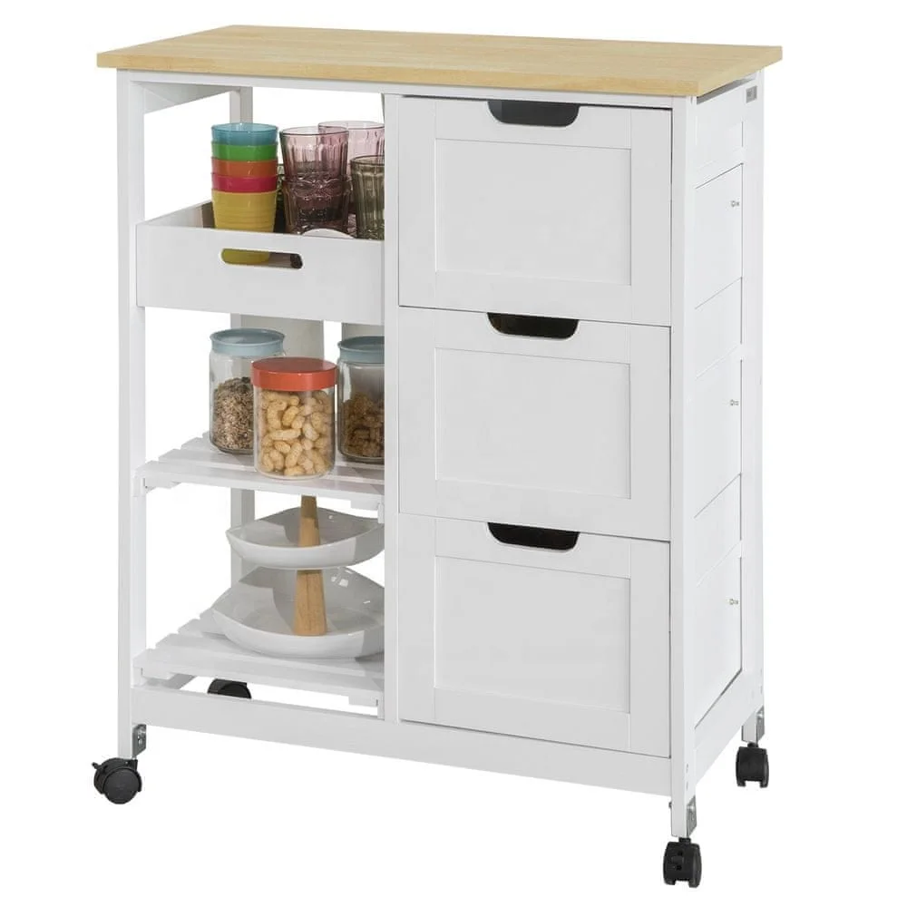 Mobile 3 tier dining room furniture wood serving kitchen trolley island cart with drawer
