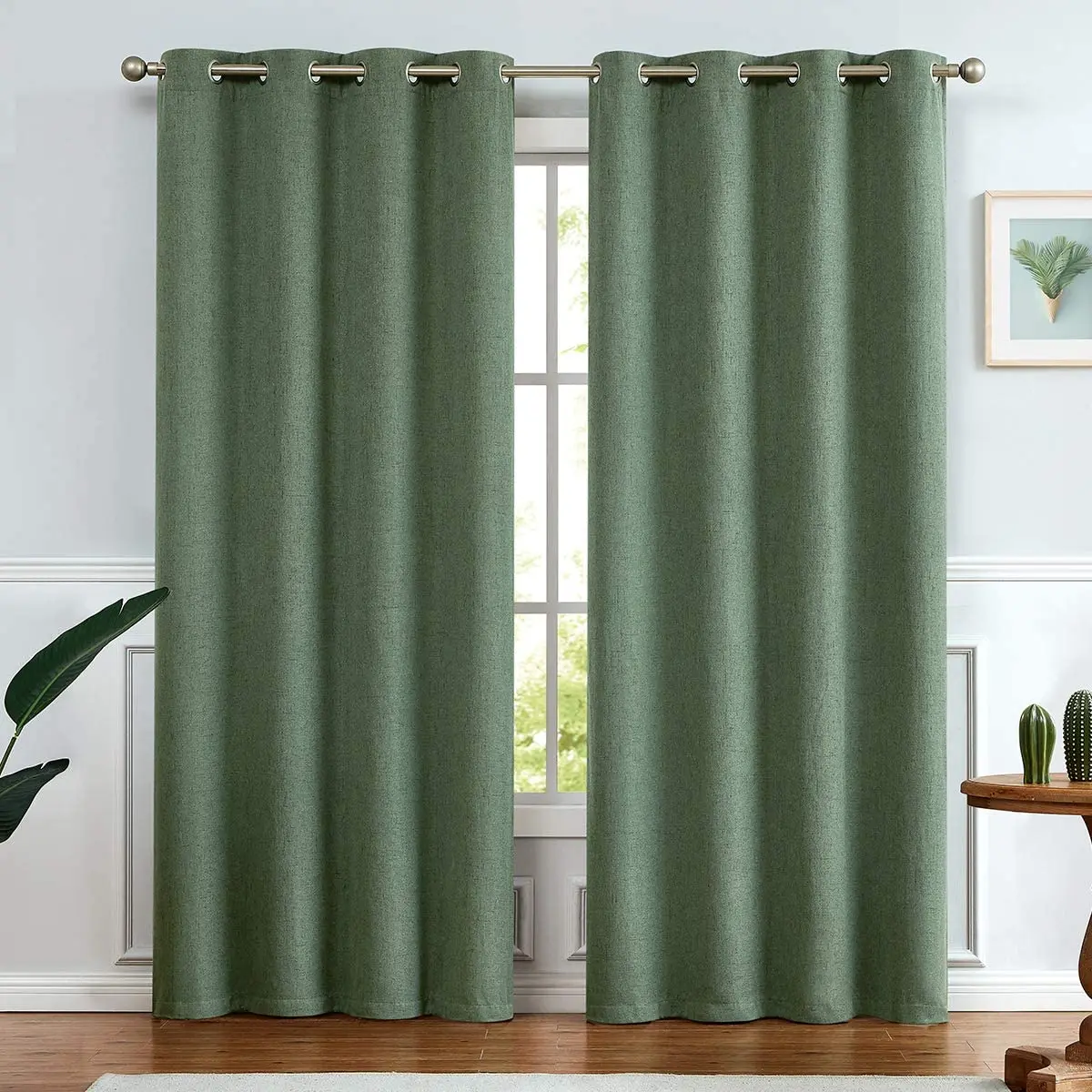 Amazon Hot Sale Cortina Solid Color Faux Linen Blackout Curtains Living Room 100% Polyester green