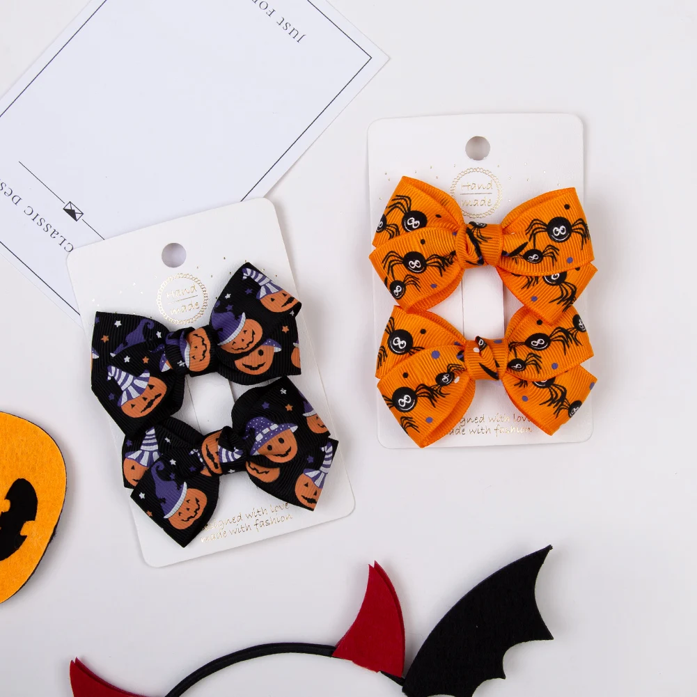 Halloween Party Ribbon Bowknot Hair Clips Big Bow Hair Grips For Children Boutique Halloween Hair Bow With Clips For Kids