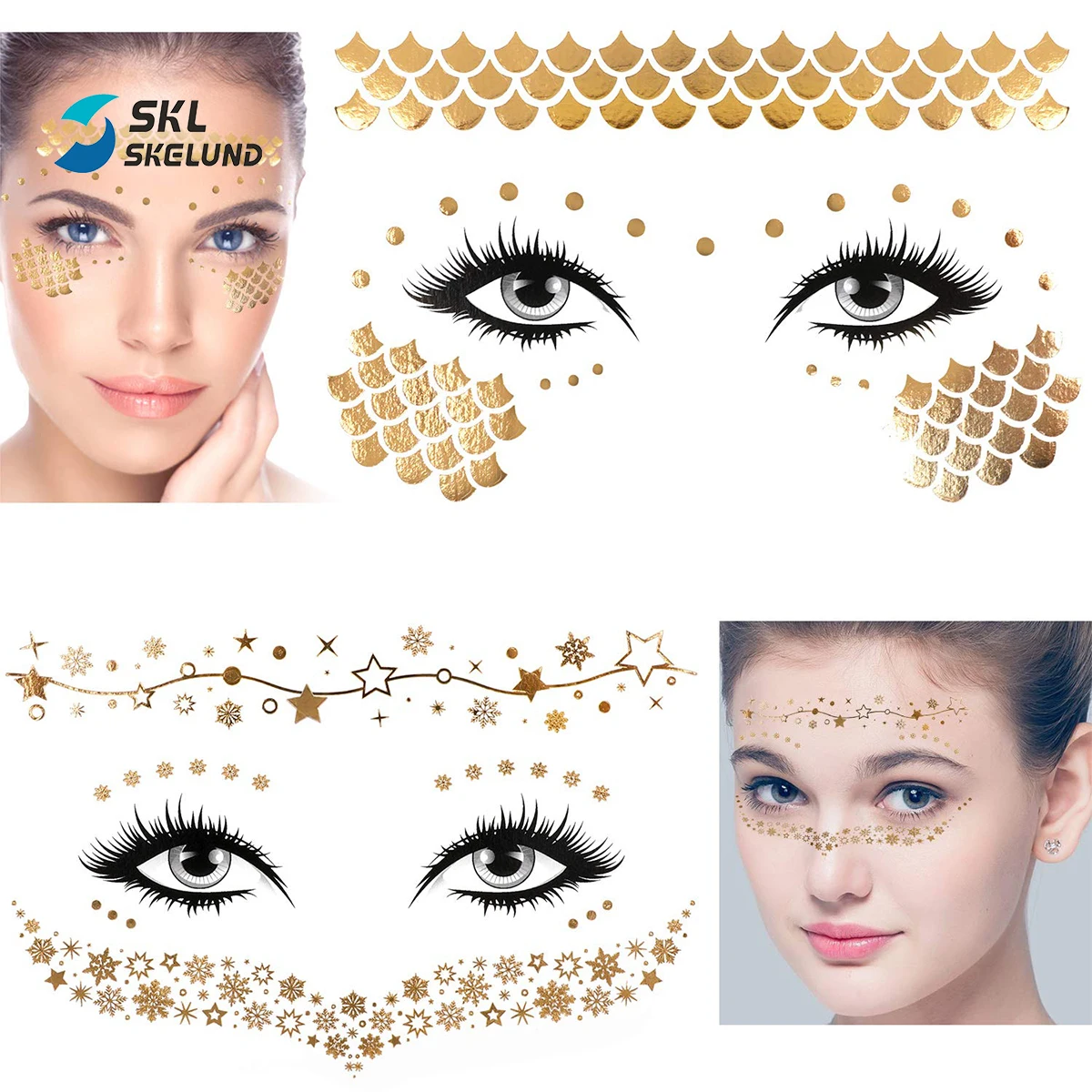Face Tattoo Sticker Metallic Temporary Gold Halloween Makeup Dancer Costume Parties Waterproof Face Metallic Tattoo Sticker