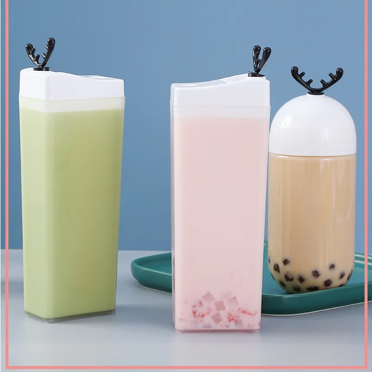 square Milk tea cups milk tea fruit juice beverage container transparent plastic PP water bottles with Antler cap