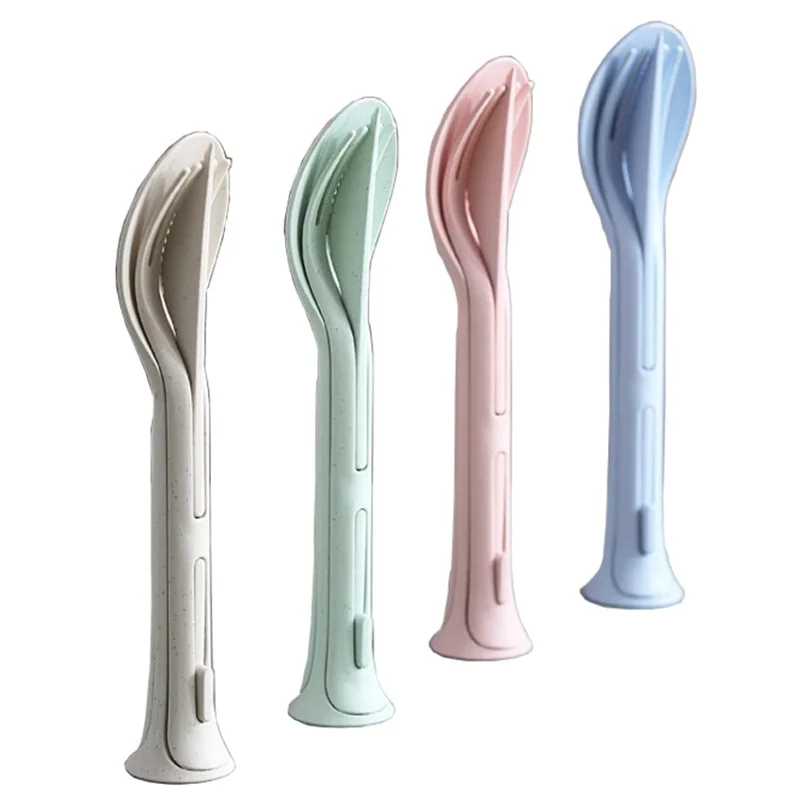 3 In 1 Eco-Friendly Spoon Fork Knife Portable Cutlery Kit Reusable Wheat Straw Utensils Set