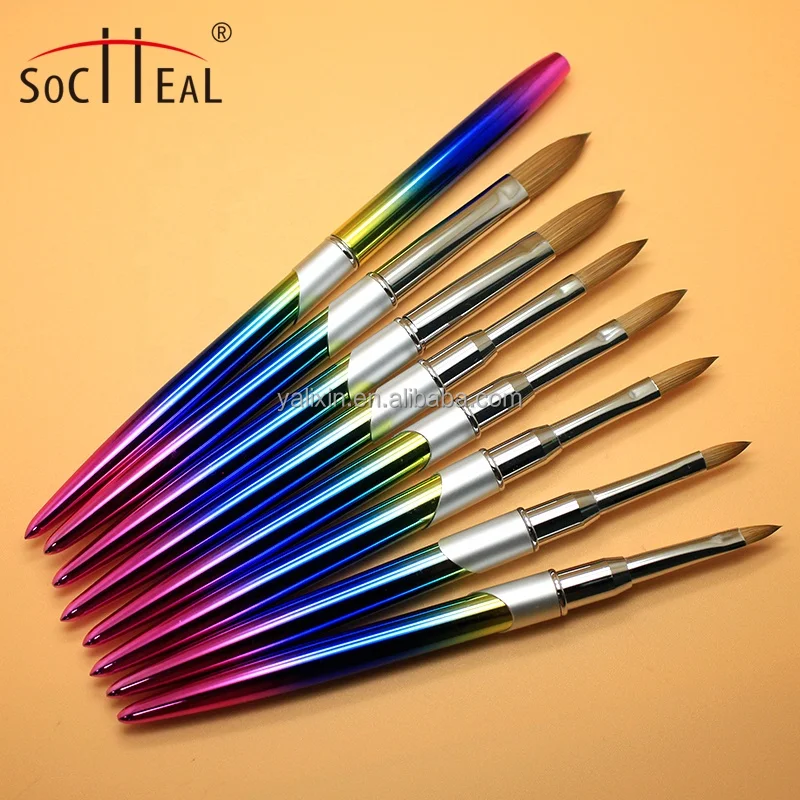 Private Label Custom Gradients Rainbow Metal Handle Nail Brush Nail Art Painting 100% Pure Kolinsky Hair Acrylic Nail Brush Set