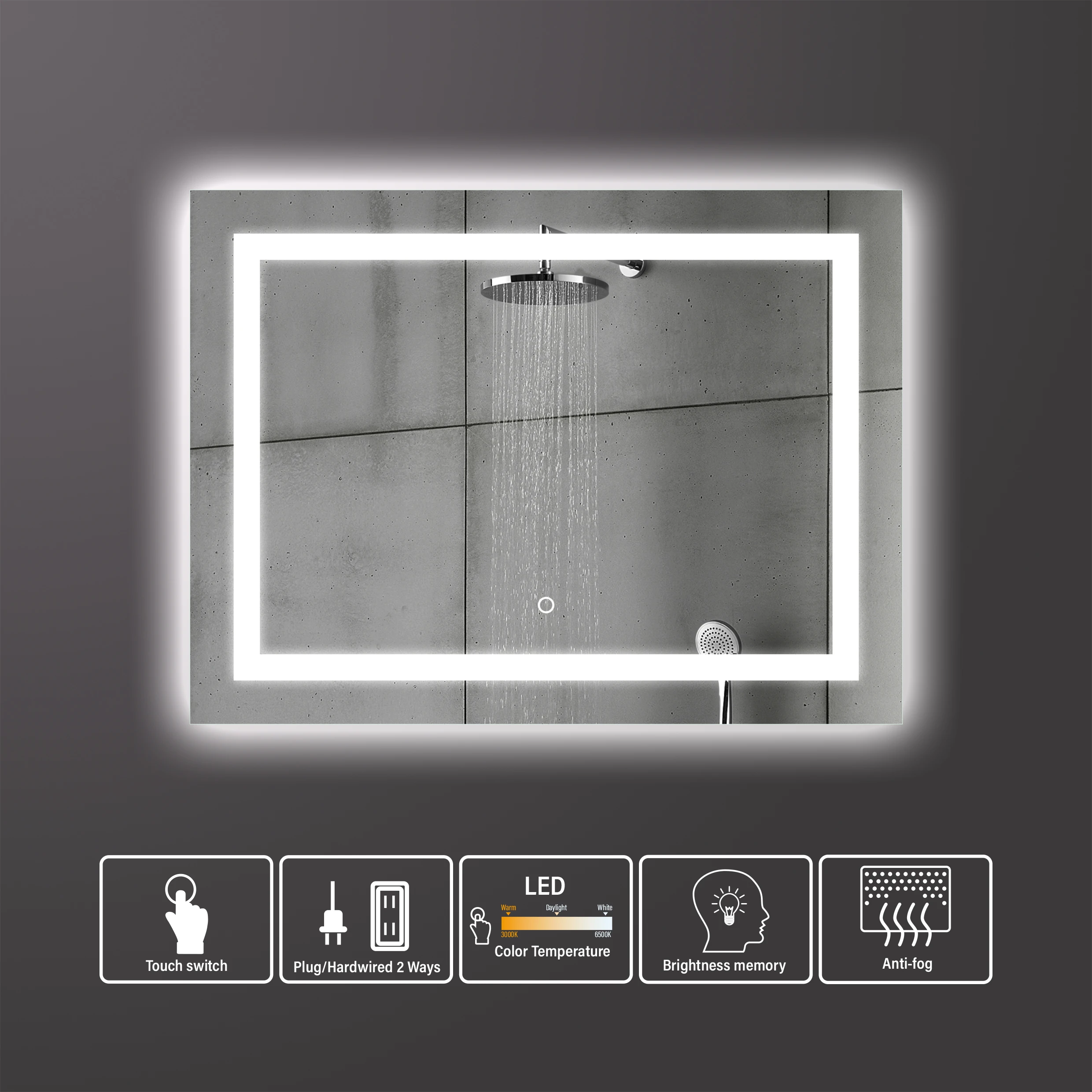 Bathnology Hot Sale Modern LED Bathroom Mirror Light Rectangle Smart Mirror with Touch Switch Backlit Lighting Anti-Fog Feature