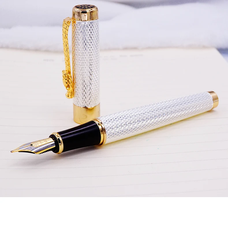 Jinhao 1200 Vintage Luxurious Fountain Pen Beautiful Ripple with Dragon Clip, Noble Silver Metal Carving Ink Pens Collection