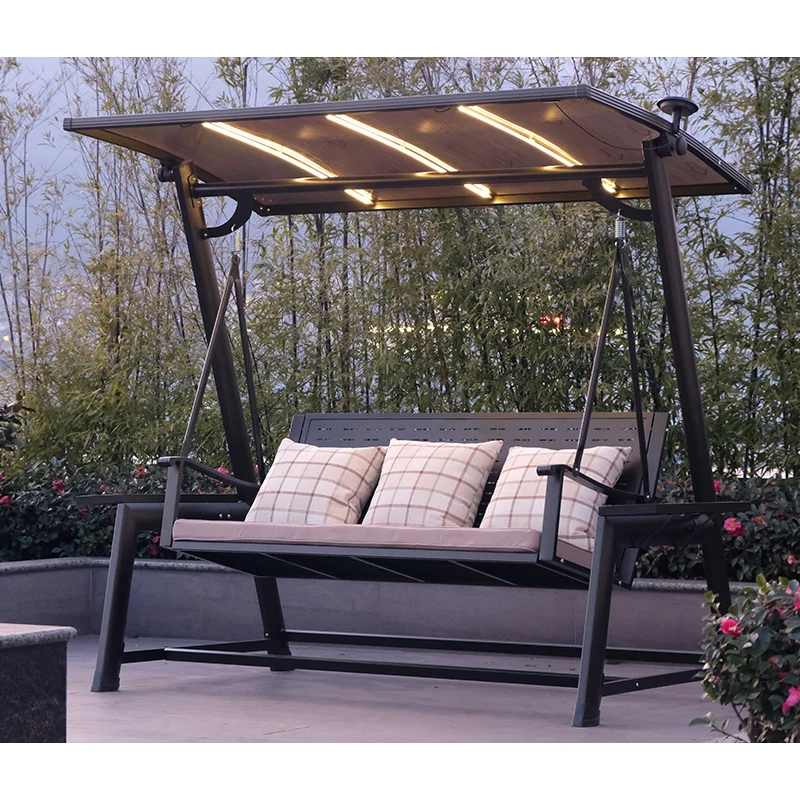 Glamping 3 seater garden swing chair modern hanging cast aluminum outdoor swing chair with cushion