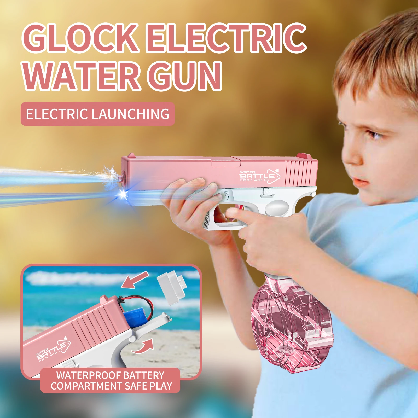Child Gun Pistol Water Bullet Toy Large Capacity Powerful Glock Electric Fully Automatic Water Gun With Light For Indoor/Outdoor