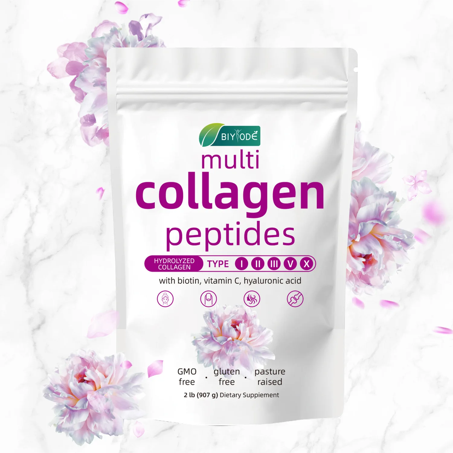 Customized Organic Collagen peptide powder With Biotin Vitamin C Hyaluronic Acid Dietary Supplement Whitening OEM ODM