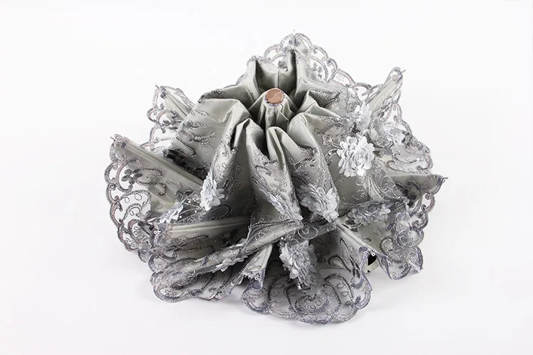 New Design Lace flower embroidery parasol wedding fabric umbrella with black coating