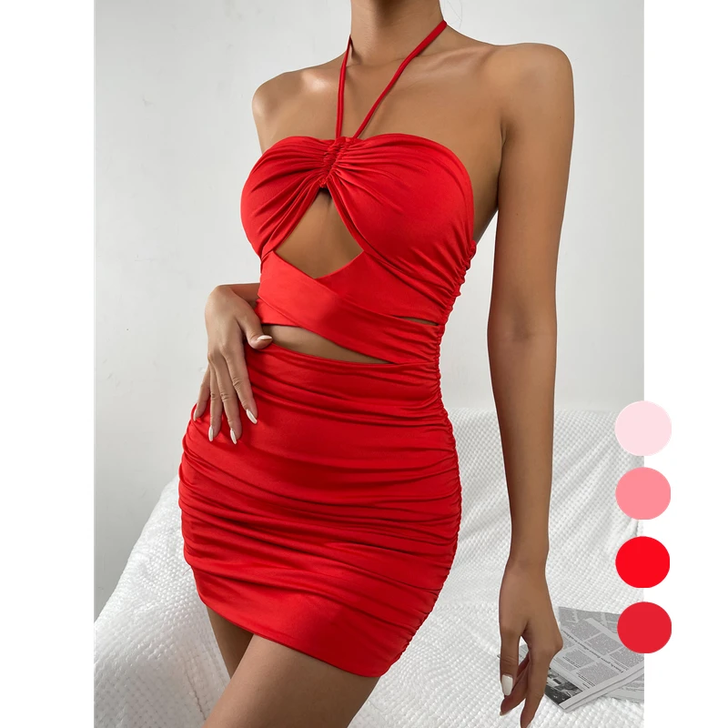 2022 trendy halter backless adjustable chest hollow out pleated bodycon mini dress sexy style for ladies to party or club