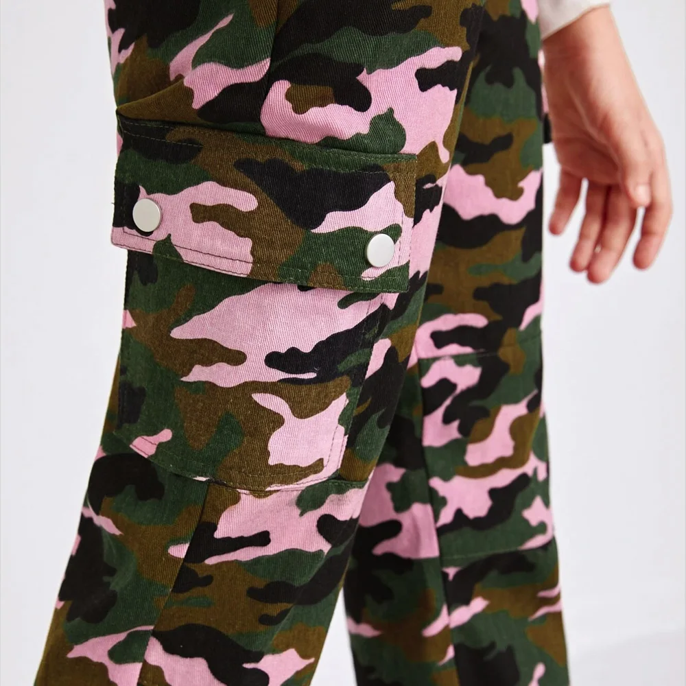 Custom Cargo Pants Full Length Tween Girl Flap Pockets Side Camo Pants Camouflage for Kids