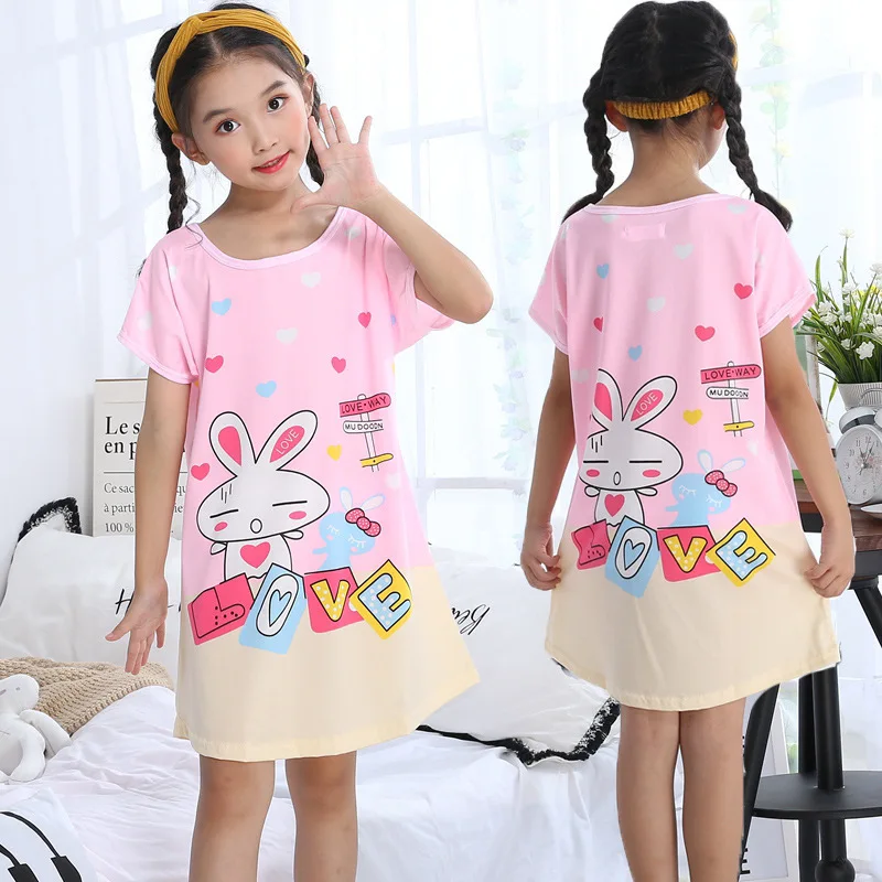 Wholesale Cute Cartoon Summer Girls Wear Thin Short-sleeved Pajamas Nightdress Kids Girls Lovely Indoor Home Dress Sleepwear