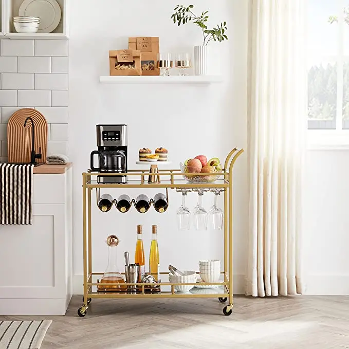 Gold Glass Drink Liquor Stand Rolling Bar Serving Trolley Cart On Lockable Wheels For Home Kitchen Storage Club Party