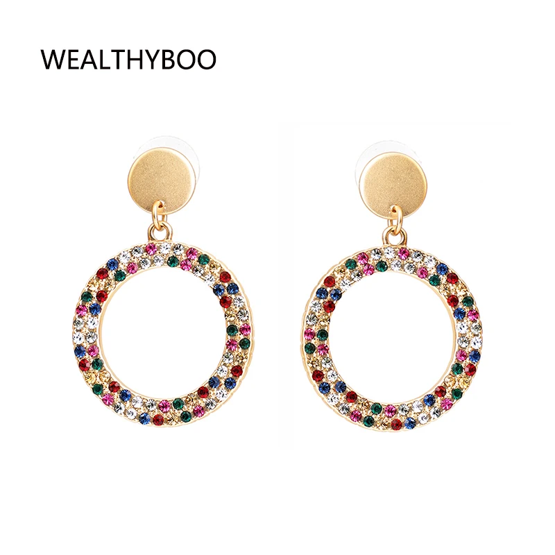 Colorful Stud Earrings Heart Rhinestone Round Circle Statement Chic Metal Geo Pendant Women Jewelry Accessories