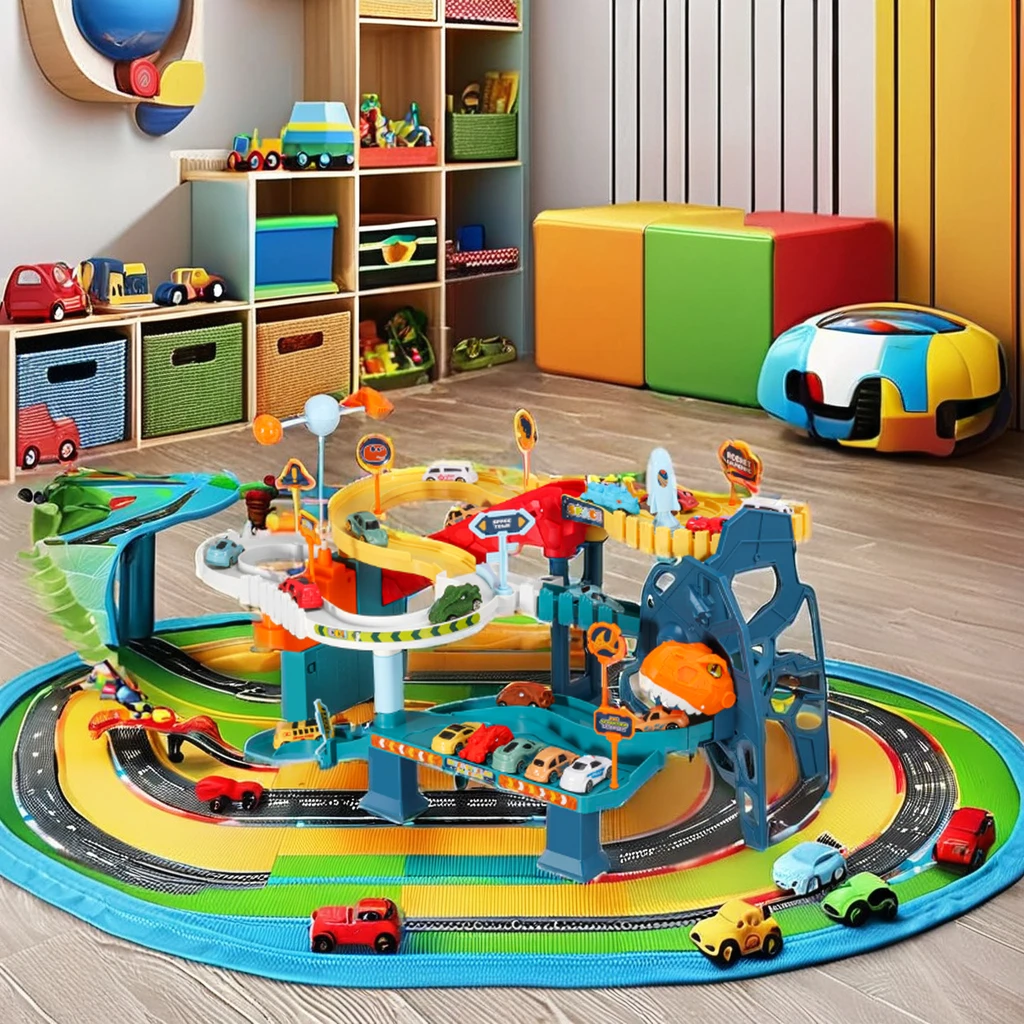 Hot selling dinosaur winding mountain road rail car children car adventure multi-storey car park children toys
