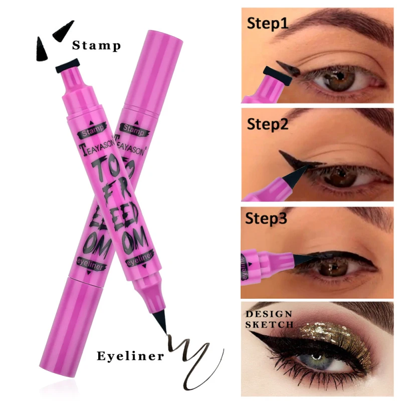 TEAYASON 2 in 1 Waterproof Eyeliner Double  Marker Triangle Seal Eyeliner BLACK Eyeliner Cosmetic