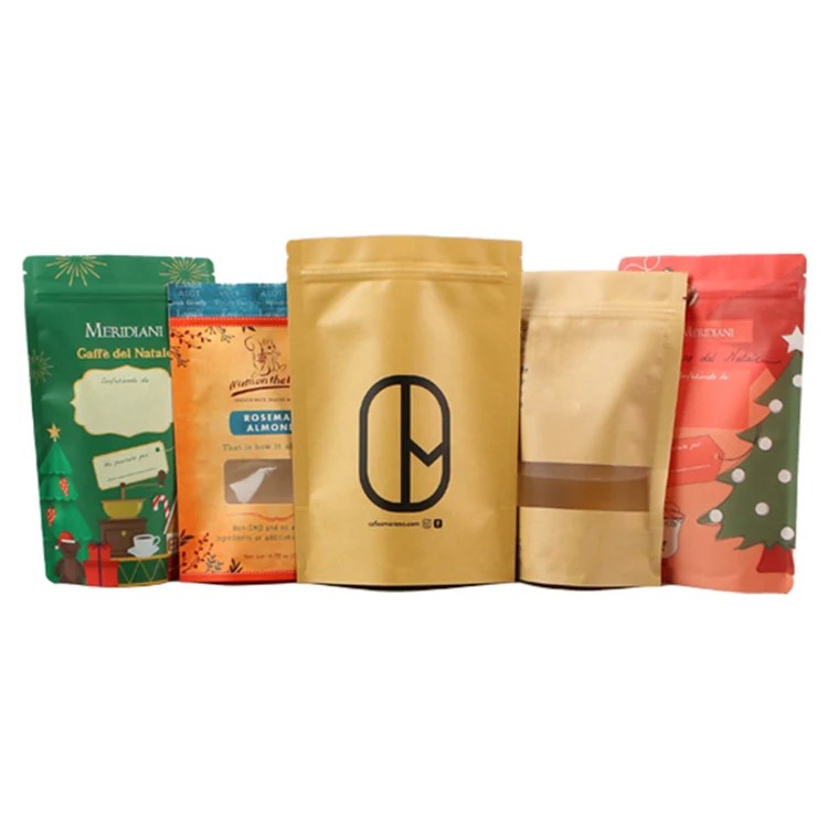 Zipper Top Custom Printed Biodegradable Zipper Food Packaging Pouch Flat Bottom Kraft Paper Coffee Tea Bag