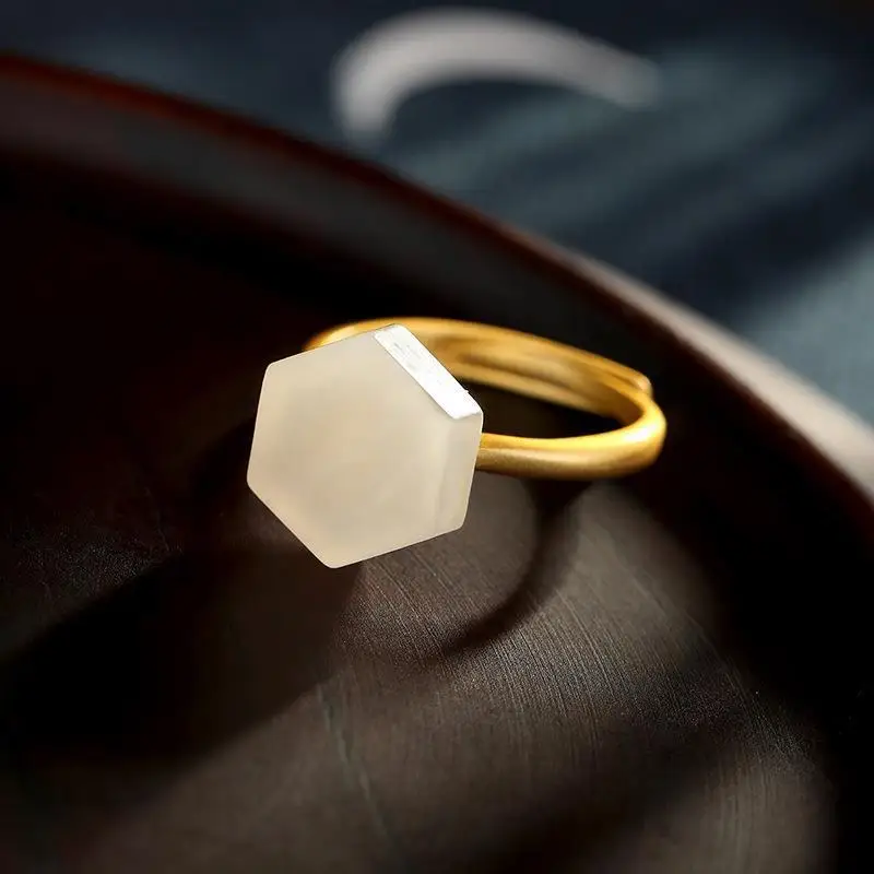 Minimalist Design Chinese Style Natural White Jade S925 Sterling Silver Ring Geometric Opening Ring Jewelry